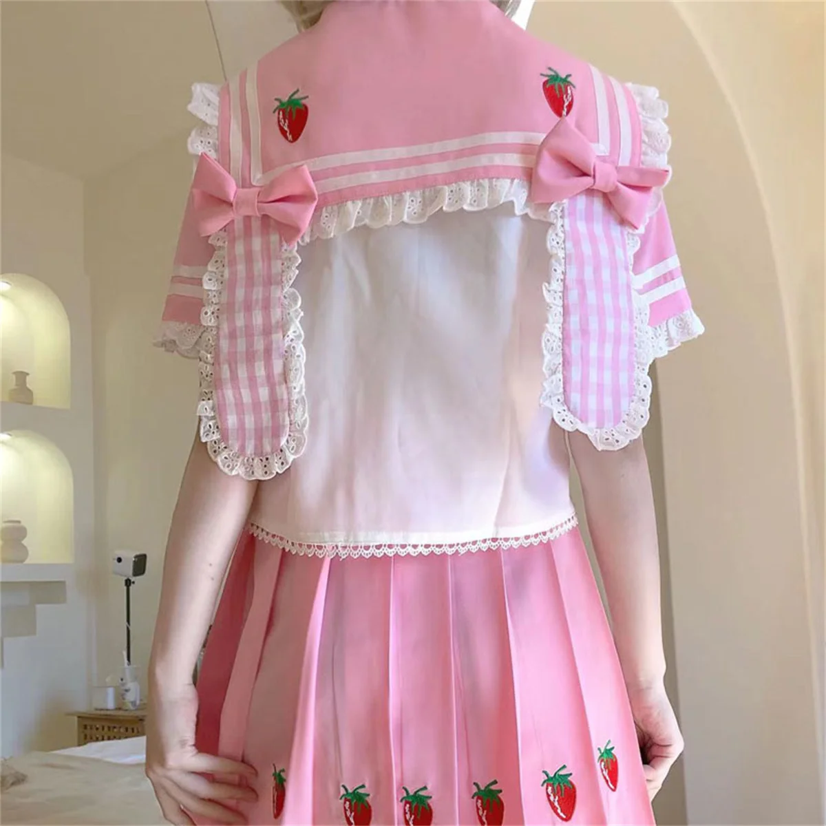 Japanese College Style Jk Uniform Lolita OP Kawaii Girls Cosplay Suit Plaid Sailor Collar Bunny Ears Strawberry Print Bow Dress