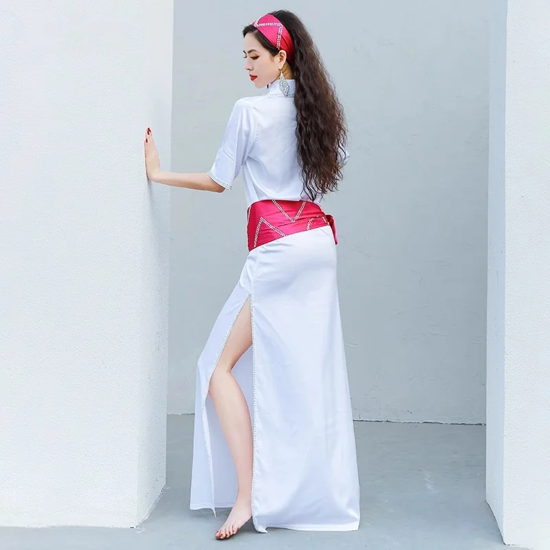 Novo barato egito baladi gasto saidi robe solto feminino dança do ventre oriental prática wite traje 4 peça conjunto com cinto
