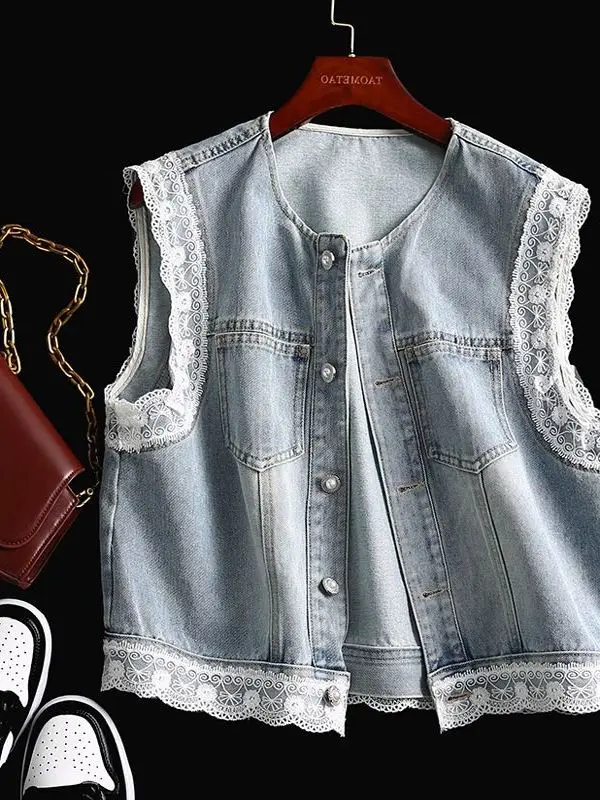 

Джинсовый жилет с кружевной отделкой в стиле ретро, женский весенне-осенний дизайн, майка на бретелях в стиле пэчворк, круглая смесь хлопка, длина Ne ort