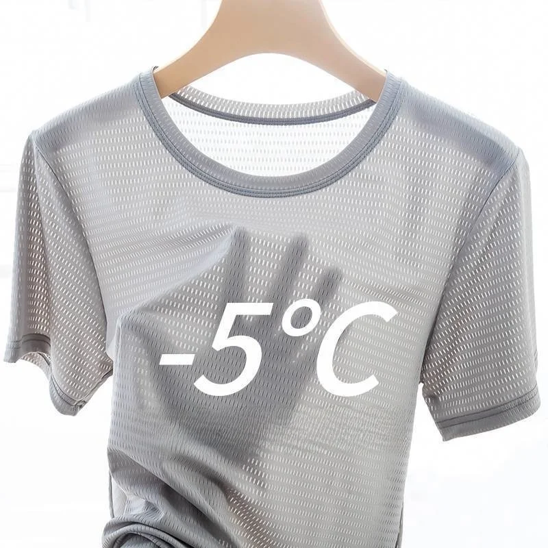 

Ultra-Thin Ice-Silk ort-Sve T-irt for Men Breathable Qui-Drng Workwear Summer Hollow-Out Design Busin Sle