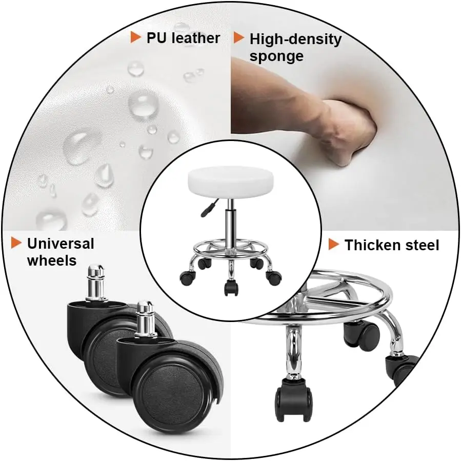PU Leather Round Rolling Stool with Foot Rest Swivel Height Adjustment Stools Task Chair Small (White)