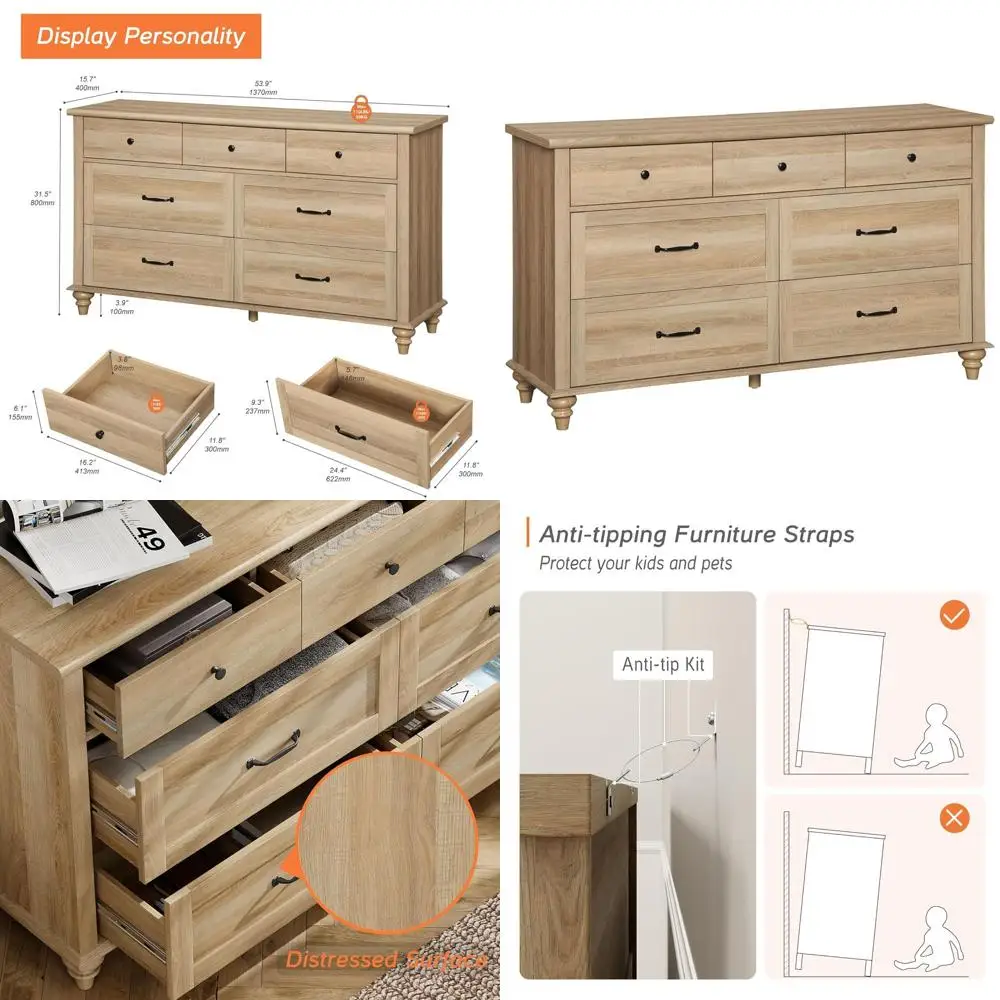 

Широкий комод с 7 ящиками для детской комнаты, из дуба, с органайзерами и местами для хранения