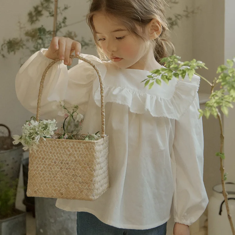 Children Clothing Kids Shirt 2024 Spring Korean Style New Fashionable Girls Vintage Cotton Elegant Flash Girls Sweet Shirt