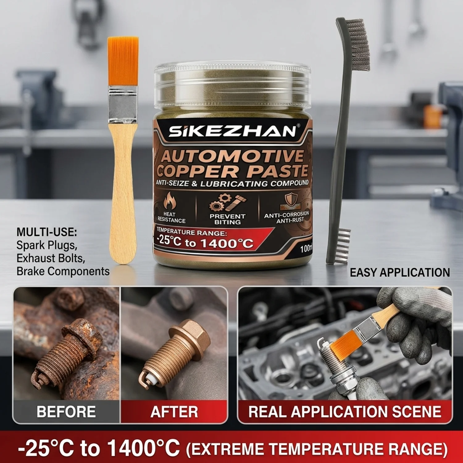 

High Temperature 1400°C Copper Anti-Seize Grease Lubricant for Auto Brake Exhaust Spark Plug Bolt with Applicator Brushes Repair