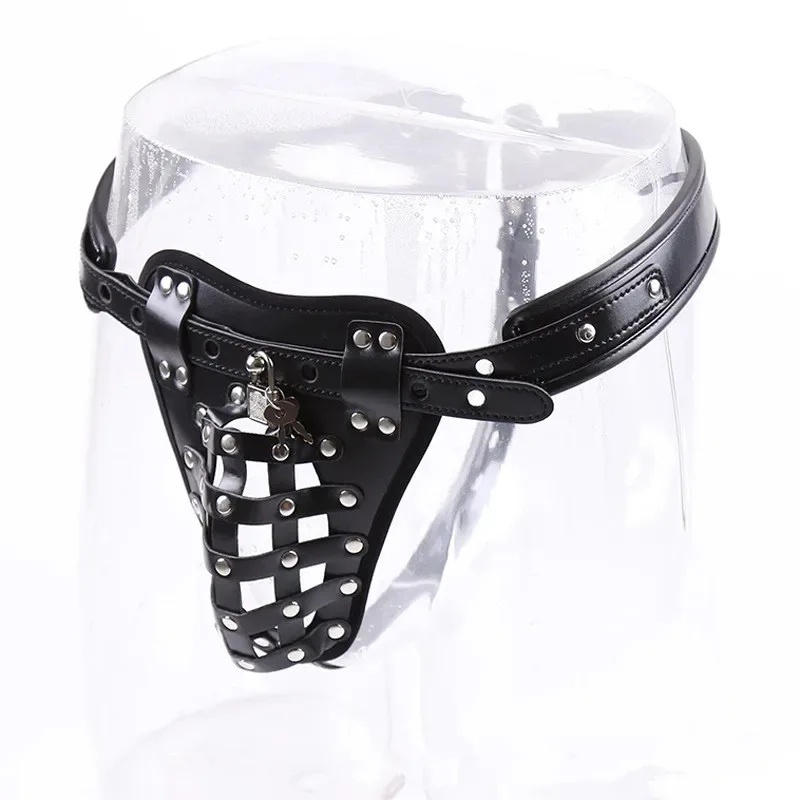 PU Leather Male Chastity Belt Device with Penis Lock And Rings BDSM Bondage Underwear for Men's Erotic Adult Games 18+ - view 3