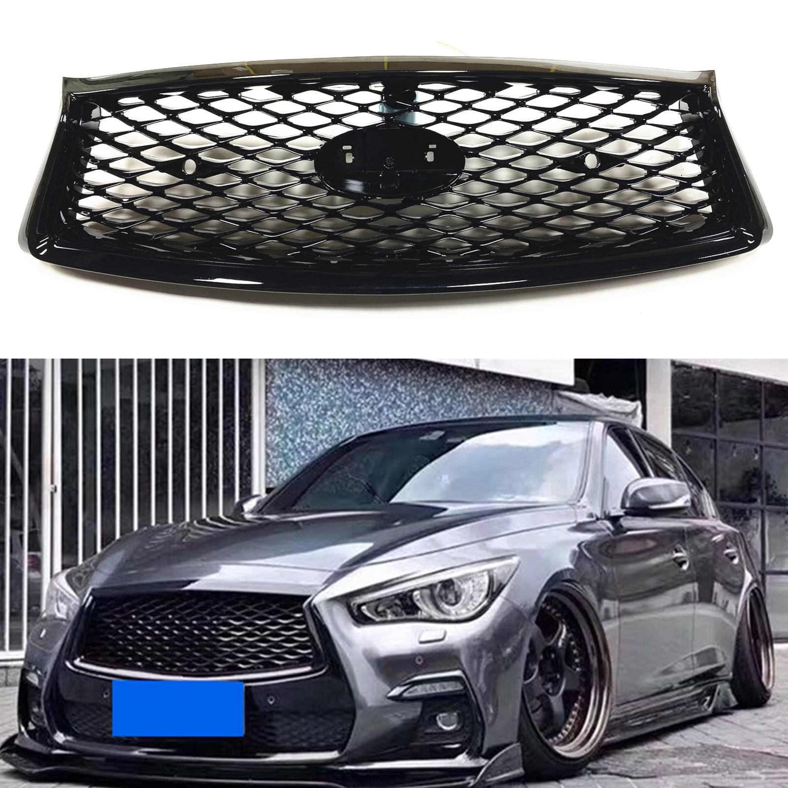 

Car Front Grille Racing Grill Upper Bumper Hood Mesh Auto Kit For Infiniti Q50 2018 2019 2020 2021 2022 2023 Honeycomb Style