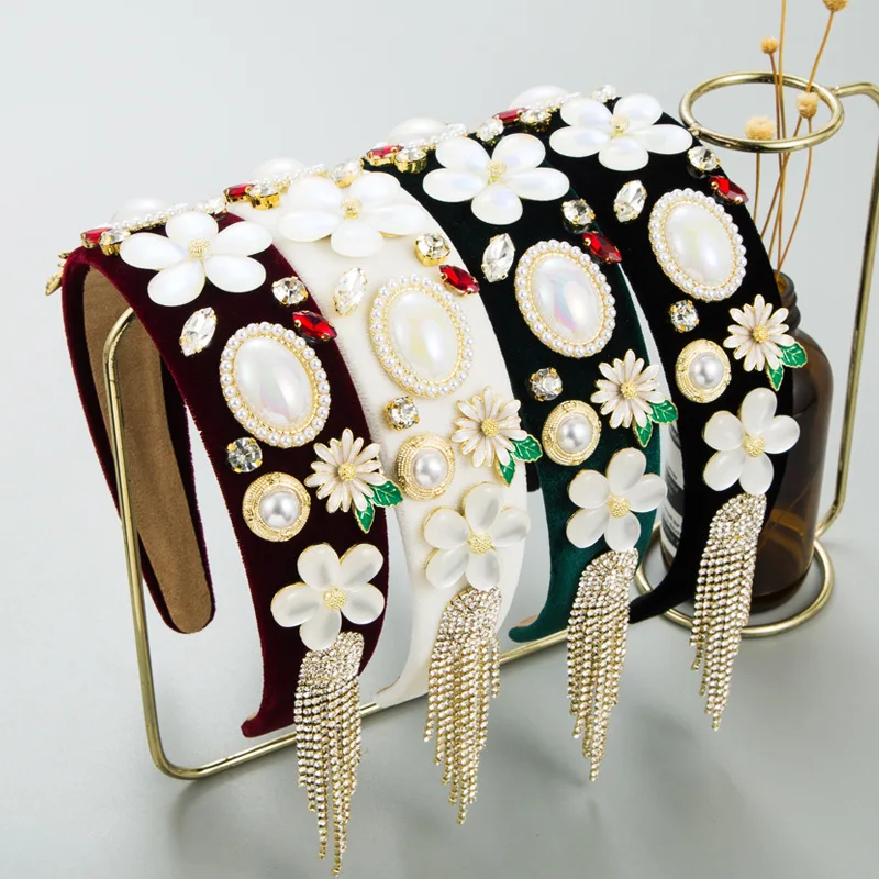 Heming headband retro baroque new floral pearl fringed hair accessories temperament velvet fabric headband with accessories