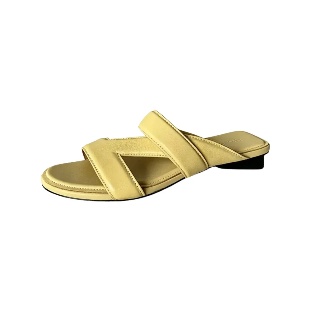 

Women's Summer Sandals Genuine Lather Casual Shoes New Trend Elegant Slipper Low Heel Yellow Beige Shoes Classic Footwear