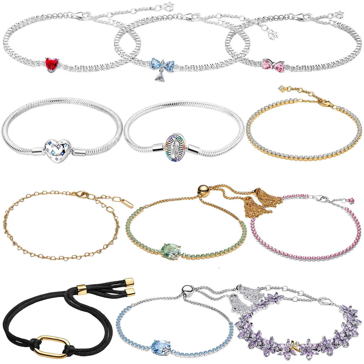 925 Sterling Silver Bracelet Collection Snake Chain Tennis Slider Pull‑Tassel Cord Bracelet Heart Bow Floral Gem Fine Jewelry
