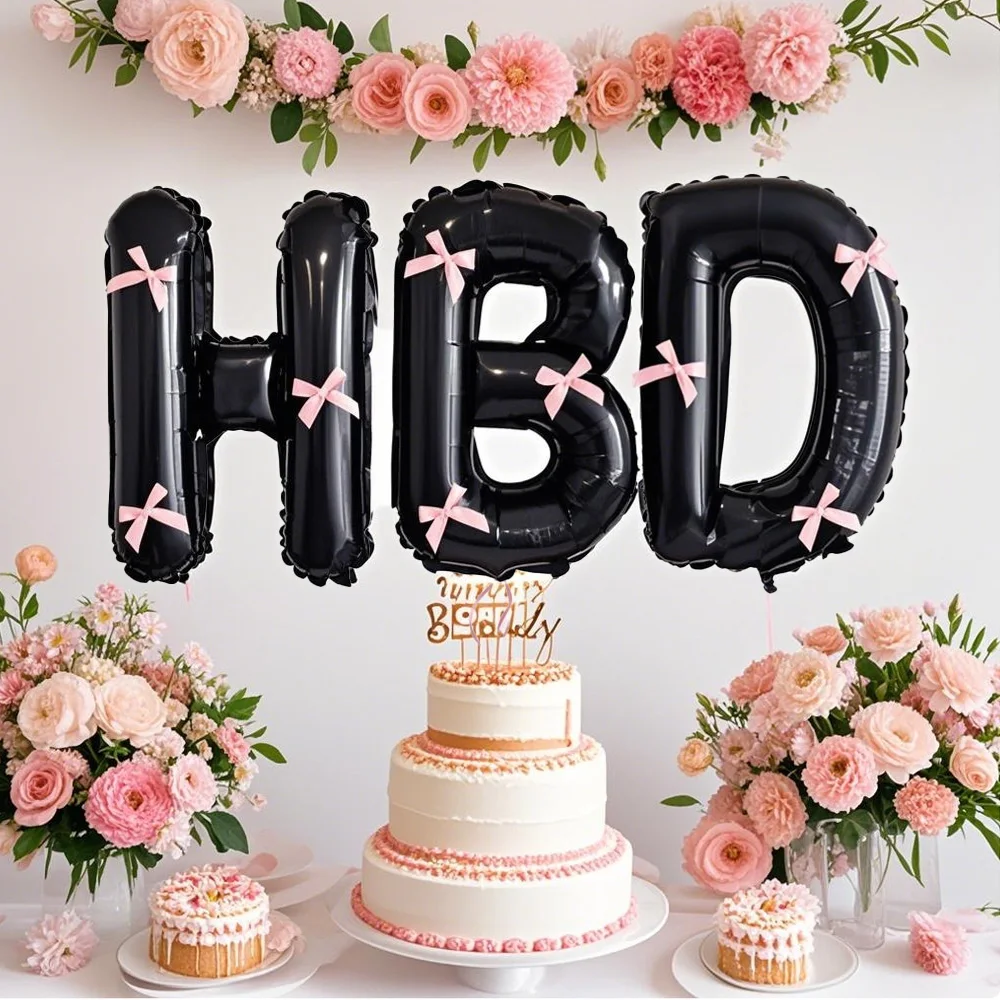 1 Set schwarze 'HBD'-Buchstaben-Folienballons mit rosa Schleife für Geburtstagsfeiern, Partydekoration und Foto-Requisiten – Detail 6