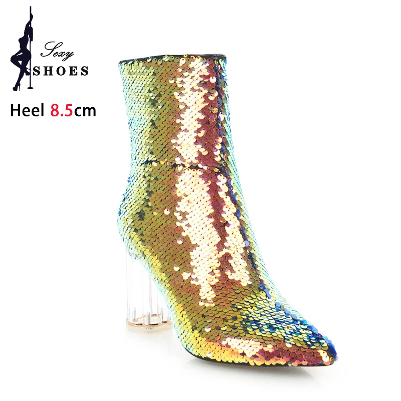 Glitter Ankle Boots For Women Pointy High Heels Autumn Winter Stage Show Sequins Lady Shoes Transparent Crystal Heel Short Boots