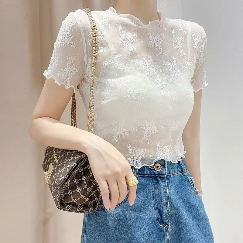 

Women Summer Sexy Slim Appear Thin Net Yarn Hollow Out Short Sleeve Shirts Ladies Fashion Temperament All-match Trend Lace Tops