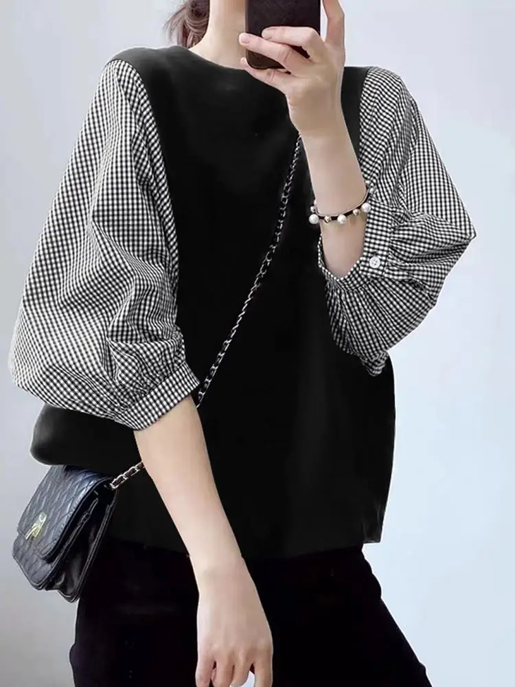 Women Summer Patchwork Blouse ZANZEA 2024 Stylish Check Tops Casual Puff Sleeve Blusas Female O Neck Tunic Oversized Chemise