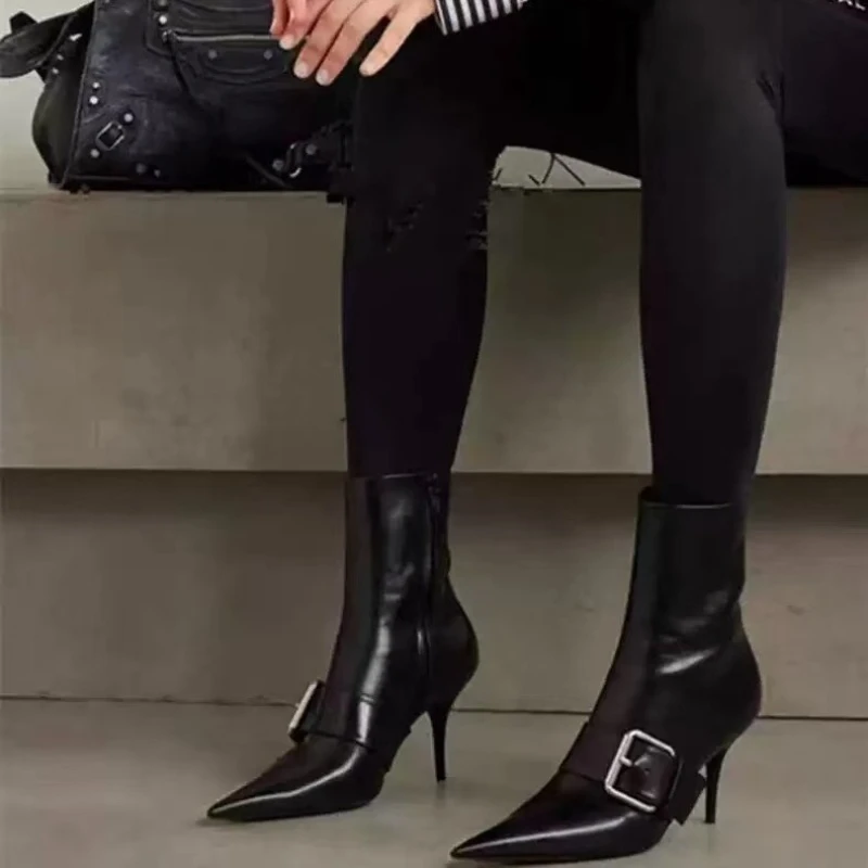 2025 nuevas botas ajustadas de tacón alto con punta estrecha para mujer botines con cremallera lateral Otoño Invierno