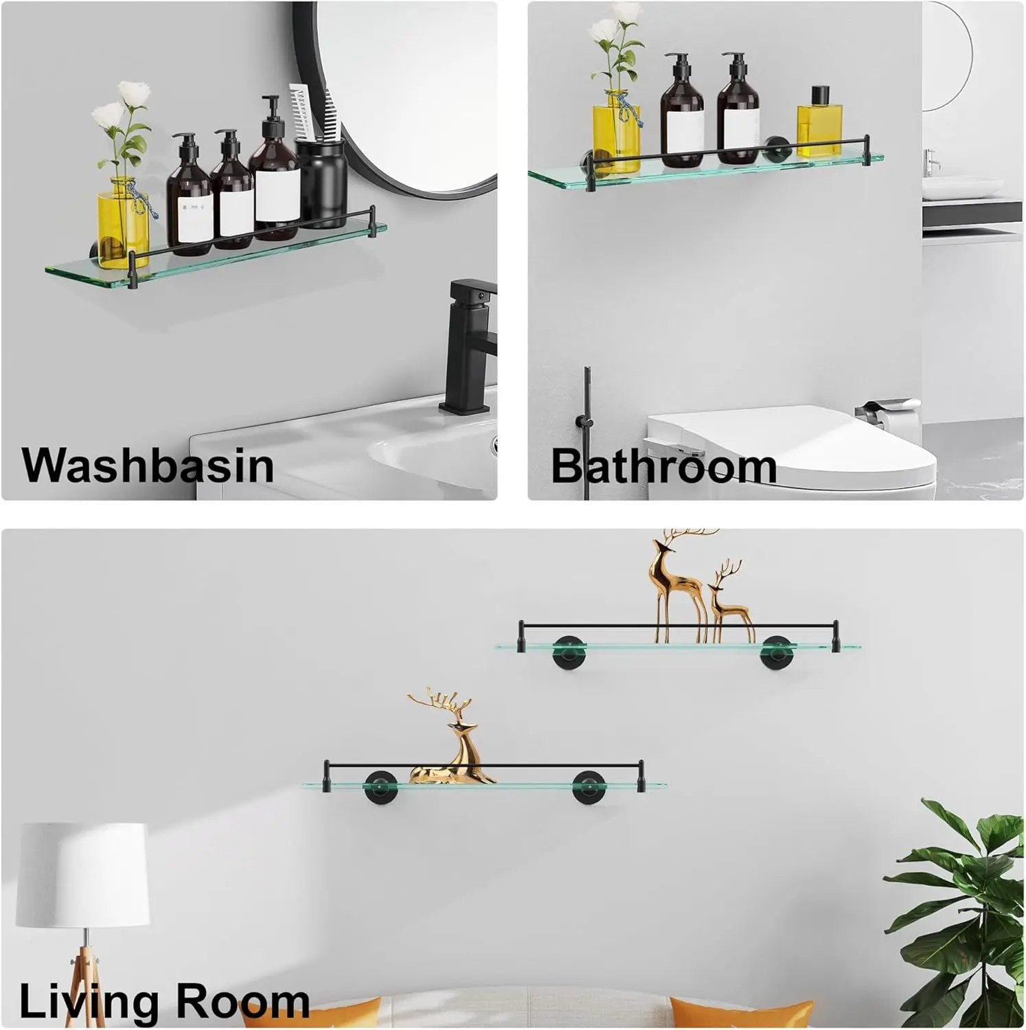 Wall Mount Tempered Glass Bathroom Shelf, 304 Stainless Steel Bracket with Guard Rail for Shower Kitchen Storage Brushed Nickel