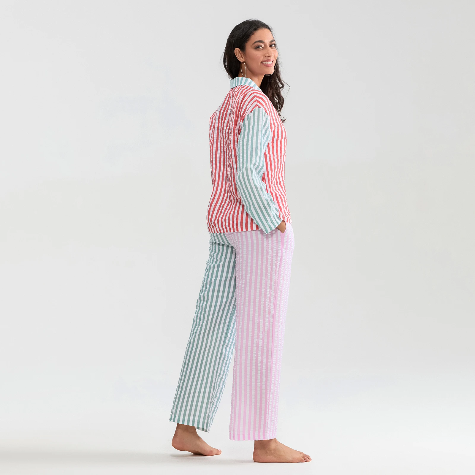 HEZIOWYUN Women\'s 2Piece Y2K Striped Contrast Color Pajama Set Long Sleeve Lapel Button Up Shirt + Elastic Waist Pants Sleepwear