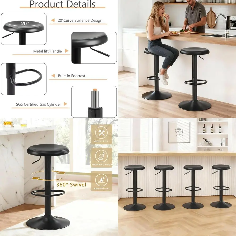 Coppia di sgabelli da bar girevoli regolabili, set di sgabelli senza schienale in metallo ad altezza bancone per isola della cucina o pub, nero