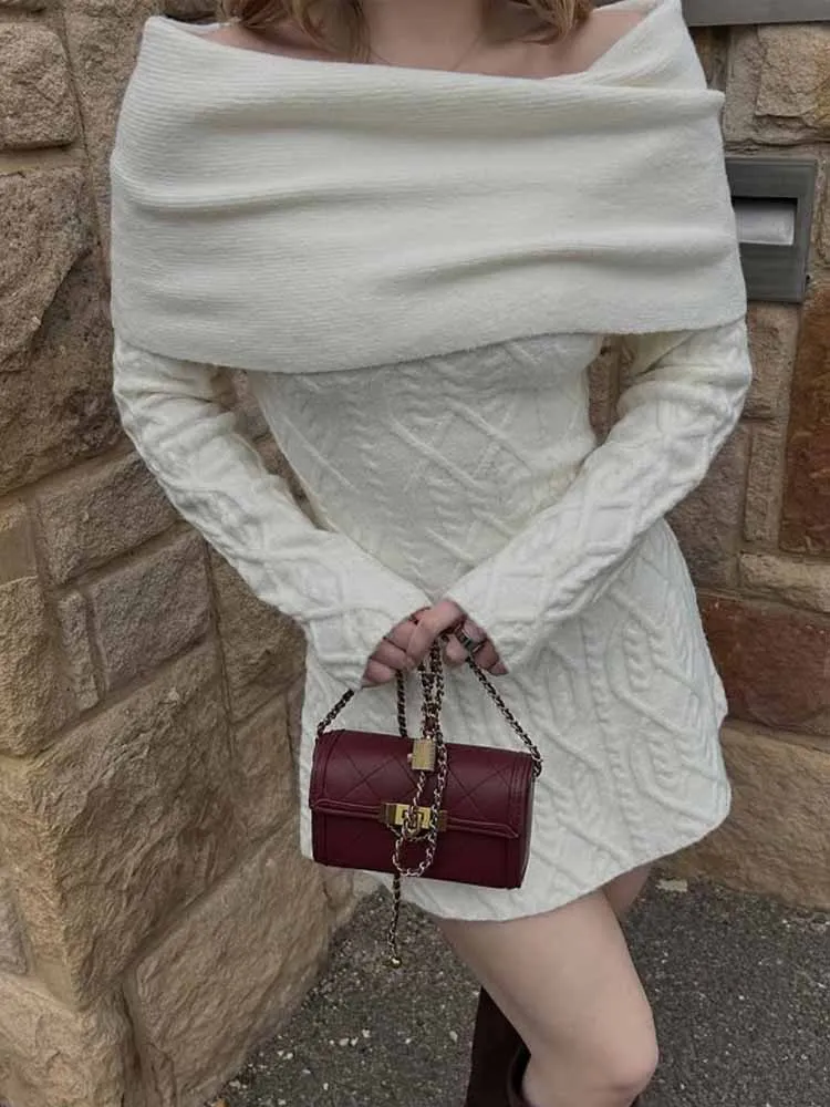 

BKQU Elegant Off-shoulder Sweater Dress For Women Autumn Winter Bodycon Long Sleeve Slash Neck Knitted Mini Dress Thicked Warm
