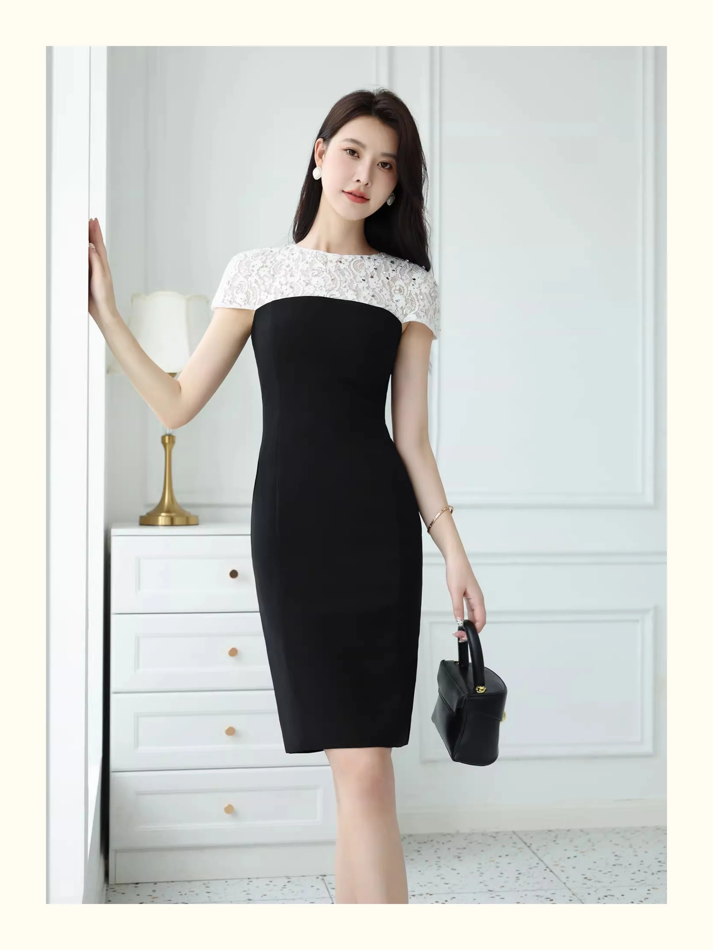 فستان أسود فاخر على طراز هيبورن الفرنسي الأنيق برقبة دائرية ومرقعة من الدانتيل وأكمام قصيرة وخصر عالٍ فستان ضيق مناسب للنساء