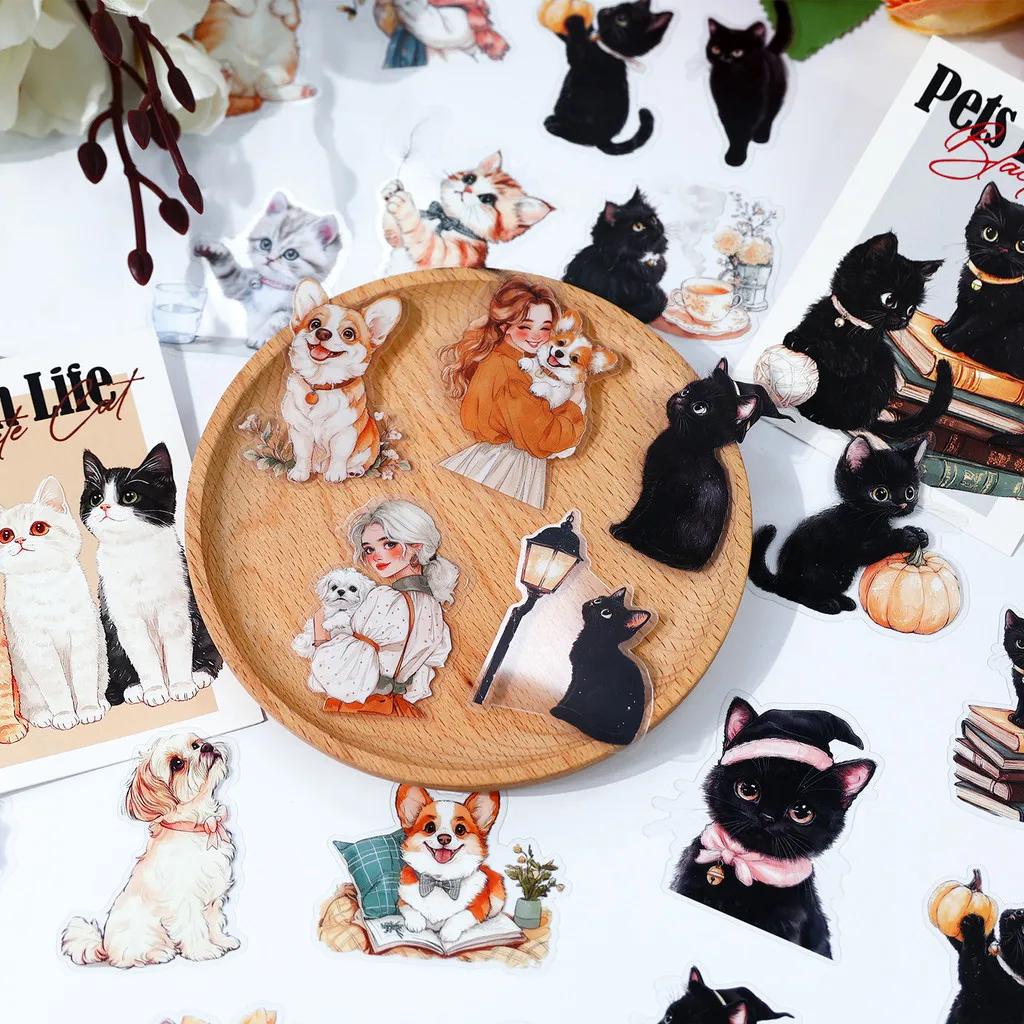 40pcs Cute Cat Cartoon Animal PET Stickers Decoration Stickers for Scrapbooking Junk Journal Collage Hand Account Stickers
