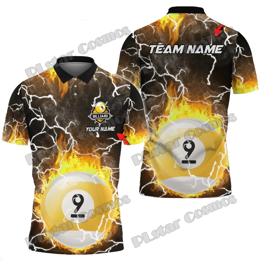 Billiards 9 Ball Fire Colorful Rays Of Light Custom Name 3D Printed Premium Men's Polo Shirt Summer Casual Polo Shirt POL163