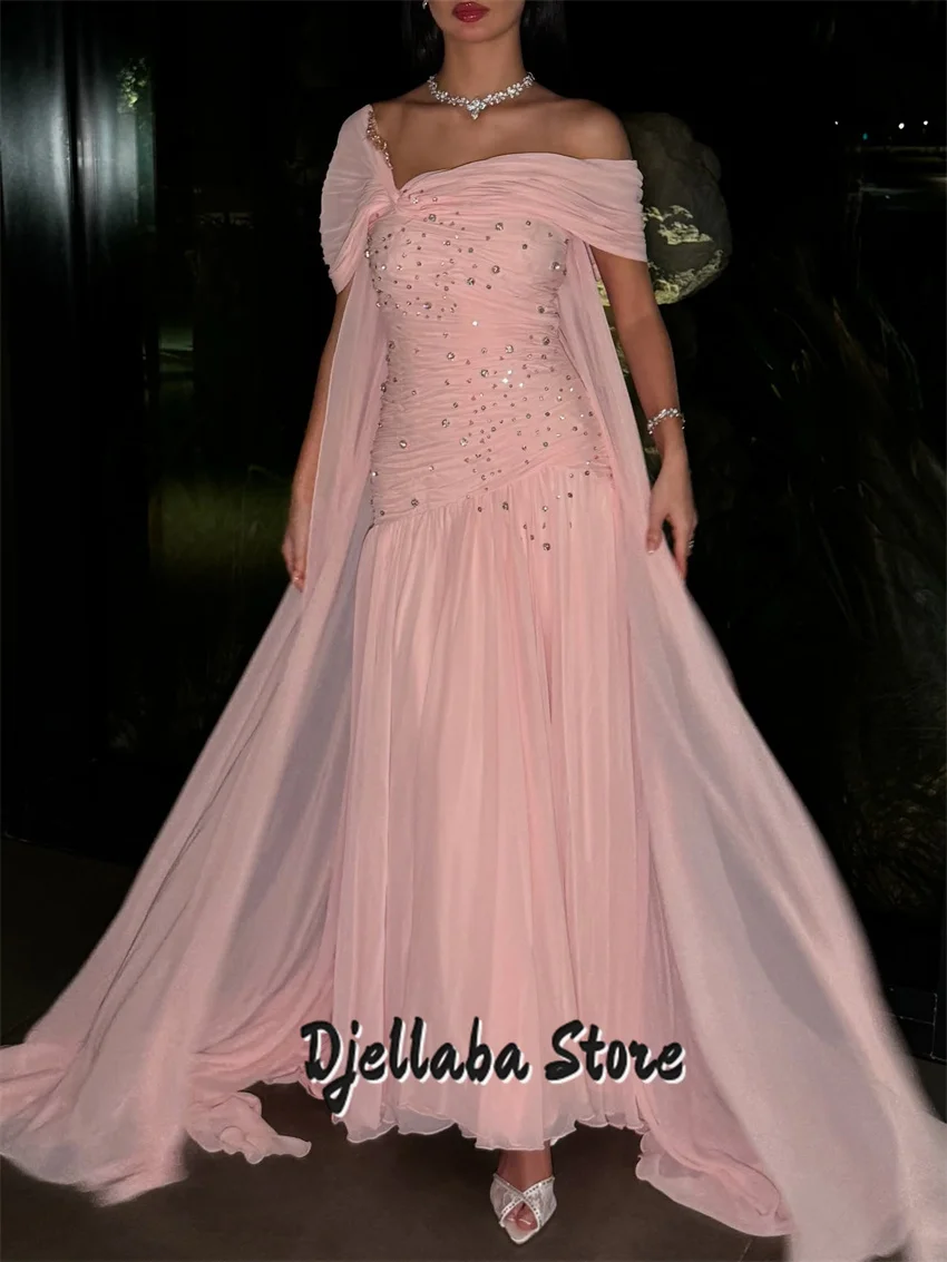 

Customized Mermaid Evening Dresses Floor-length Off Shoulder Sleeveless Prom Gown Beading Draped Pink Party Gown