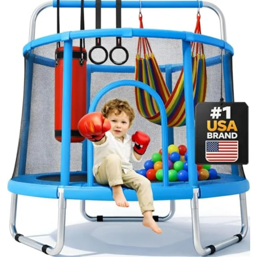 Indoor Outdoor Toddler Trampoline for Ages 18 Steel Frame with Blue Safety Enclosure Ultra-Safe Bounce Surface Multi-Activity A