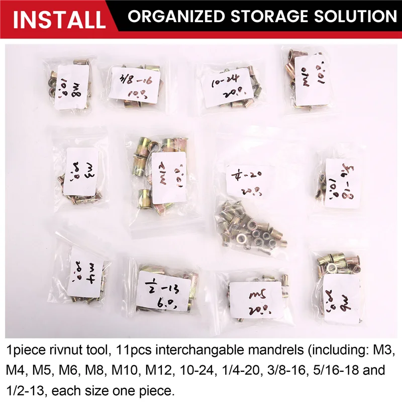 ABPP-Strumento per dadi per rivetti Kit di strumenti per rivetti da 16 pollici con 11 mandrini metrici e SAE Kit di assortimento di dadi per rivetti da 176 pezzi e custodia per il trasporto robusta