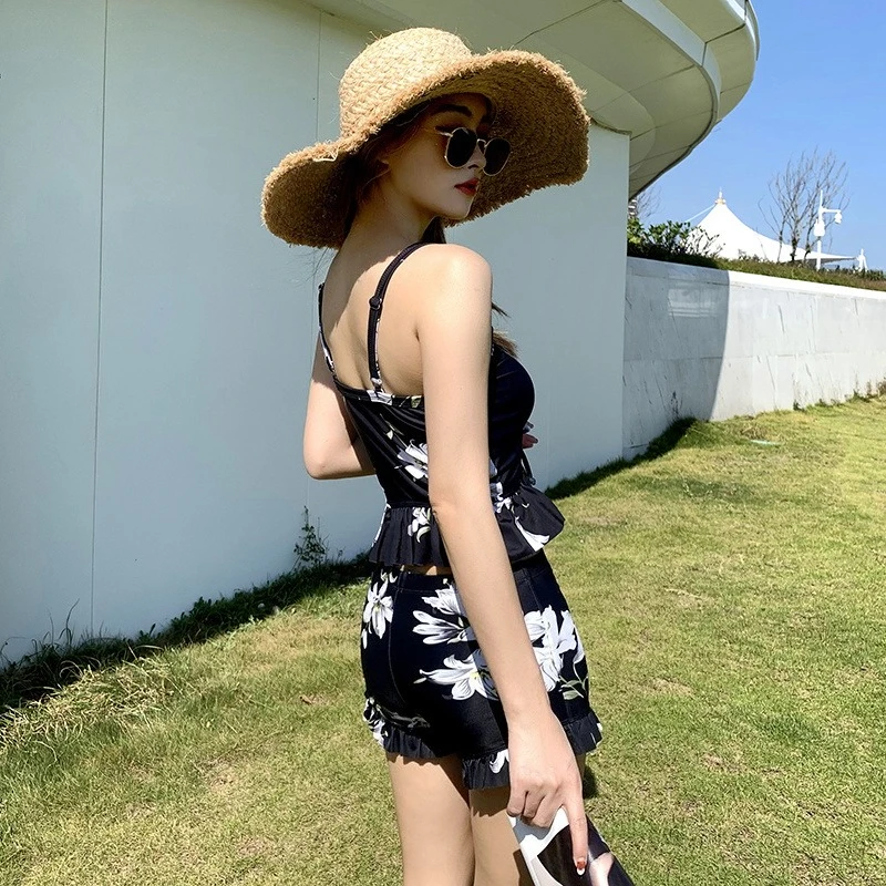 Modest Tankini Sets for Women High Waisted Boyleg Swimwear with Ruffle Sleeve Cover Up 3PCS Beachwear