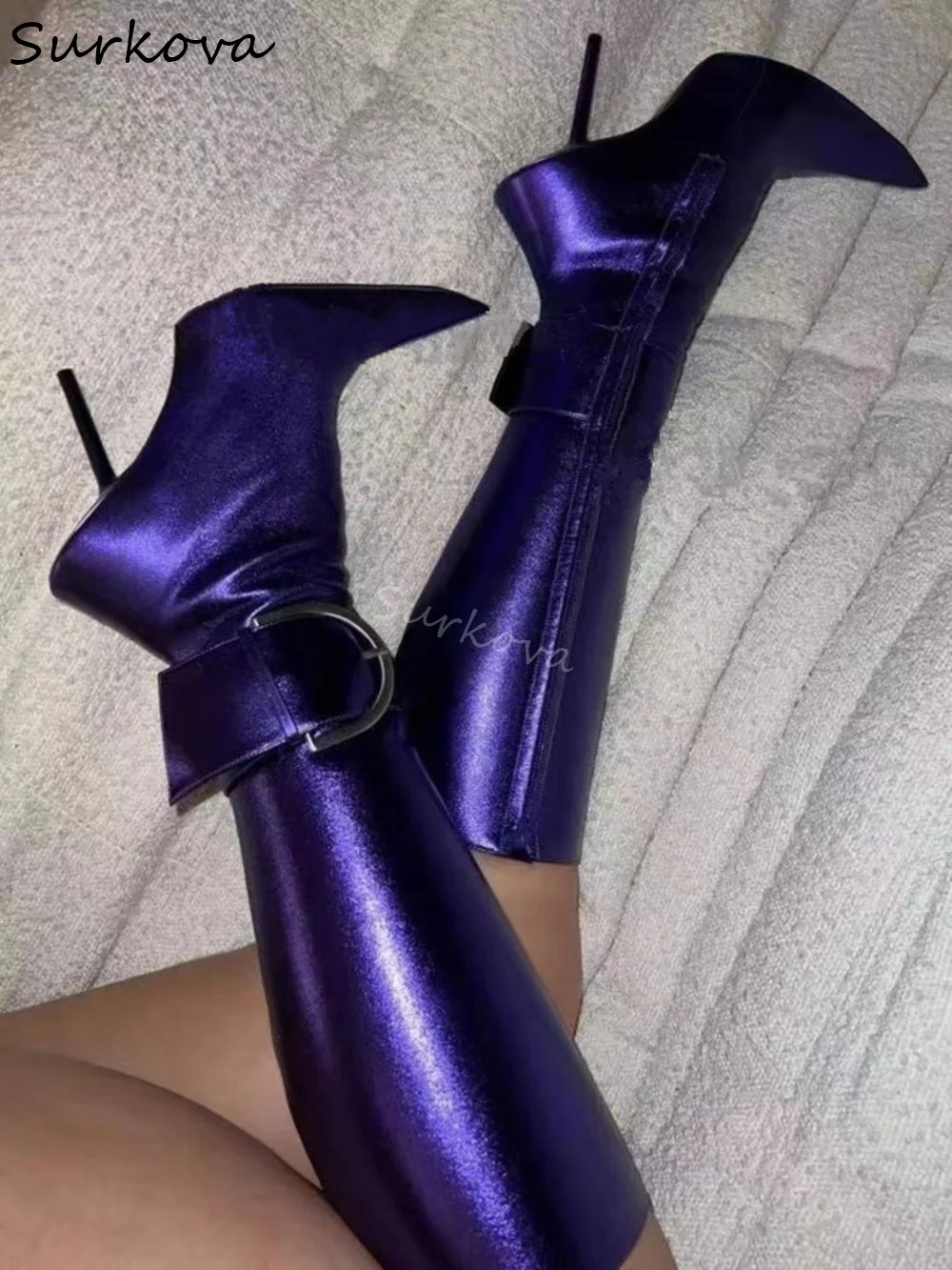 

New Catwalk Special-shaped Knee-high Boots Women Purple Pointed Toe Metal Buckle Side Zipper Stiletto Heel Long Boots Large Size