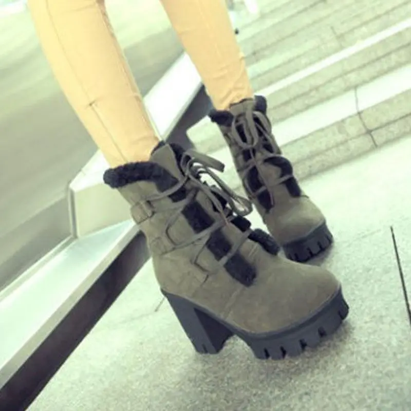 Winter Warm Girls Boots Fashion Lace Up Platform High Heels Women Ankle Boots Cosplay Casaul Party Fur Warm Women Boots Shoes 43