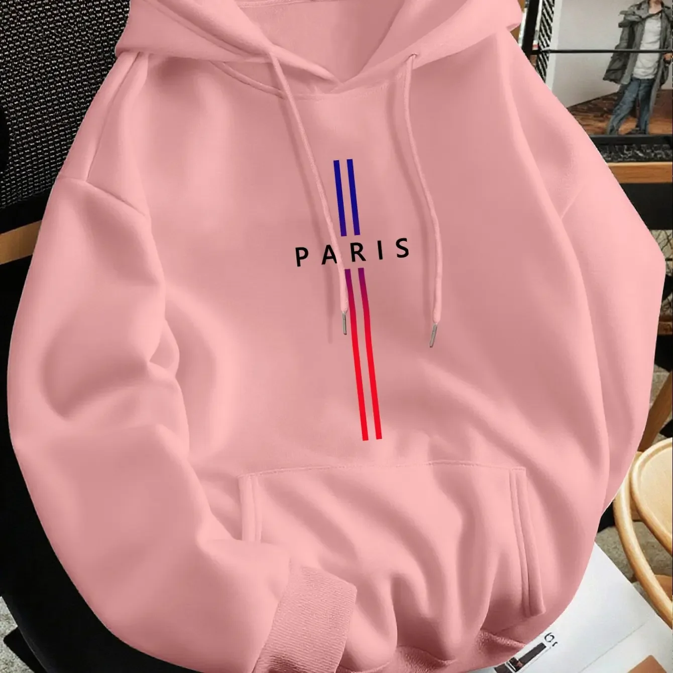 Paris-themed Striped Hoodie with French Flag Print on the Chest; Men's Simple, Loose-fitting, Casual Street Style Sweatshirt.