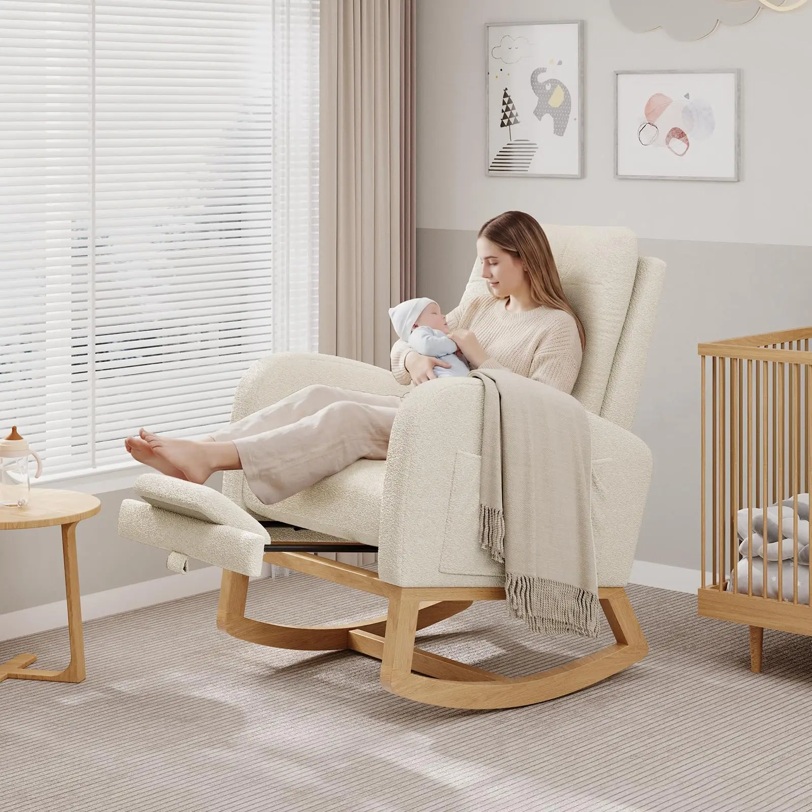 Modern Nursery Rocking Chair, Upholstered Glider Rocker with Side Pocket & Wooden Legs, Comfy Rocker Armchair for Living Room, Bedroom
