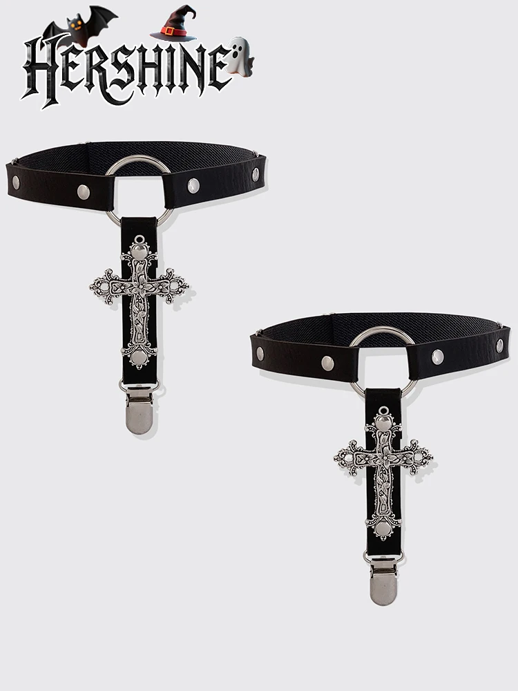 2 pezzi di reggicalze da donna con decorazione a croce nera, leggings stile scuro, clip per calzini, accessori per gonna corta, acc di Halloween