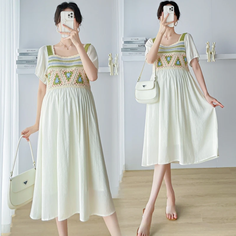 Summer New Fashion Maternity Dress Short Slleve Square Collar Hollow Out Knitted Patchwork Backless Pregnant Woman Chiffon Dress