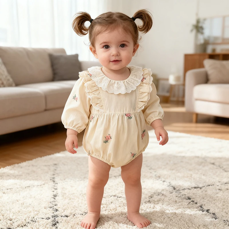 2026 ربيع جديد الرضع طفلة داخلية بأكمام طويلة القطن التطريز الوليد طفلة بذلة 0-24 متر رومبير للأطفال #1