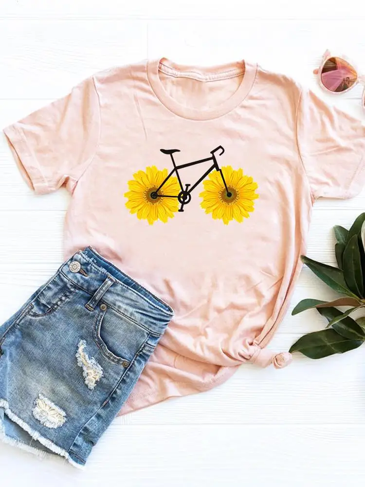 

Bike Flower Trend Cute Print T Shirt Tee Basic Clothing Summer Top Fashion Short Sleeve Graphic T-shirt Women Clothes