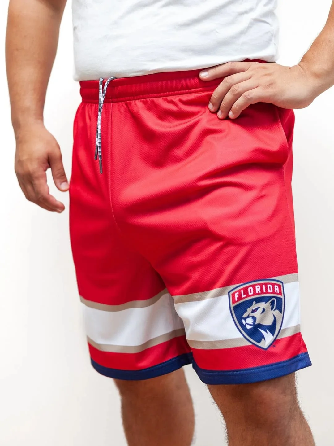 

2026 New Men Florida Panthers Logo Athletic Shorts Red White Beige Stripe Quick Dry Casual Training Shorts with Drawstring