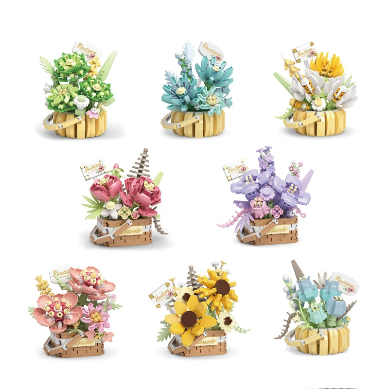 

Flower Micro Building Blocks Sunflower Succulent Plants Assembled Model MOC Flower Basket Mini Bricks Toy For Birthday Gift