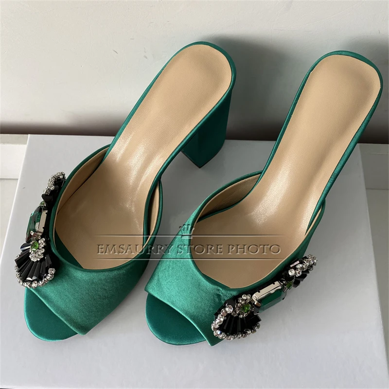 Jeweled Crystal Candy Butterfly-Knot Sandals Women Thick High Heel Luxury Satin Slingbacks Summer Mules For Girls