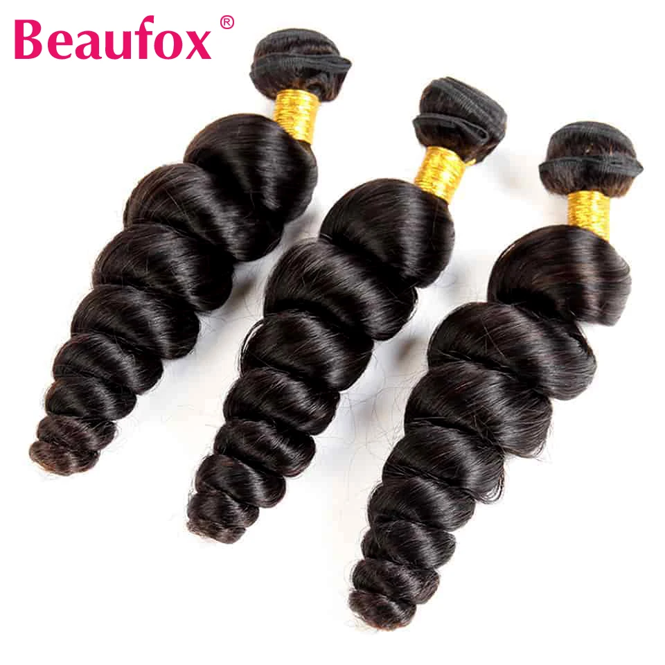 Beaufox-Indian Cabelo Humano Weave Pacotes, onda solta, extensões de cabelo ondulado Remy, Natural Jet Black Color, 3 Pacotes Deal