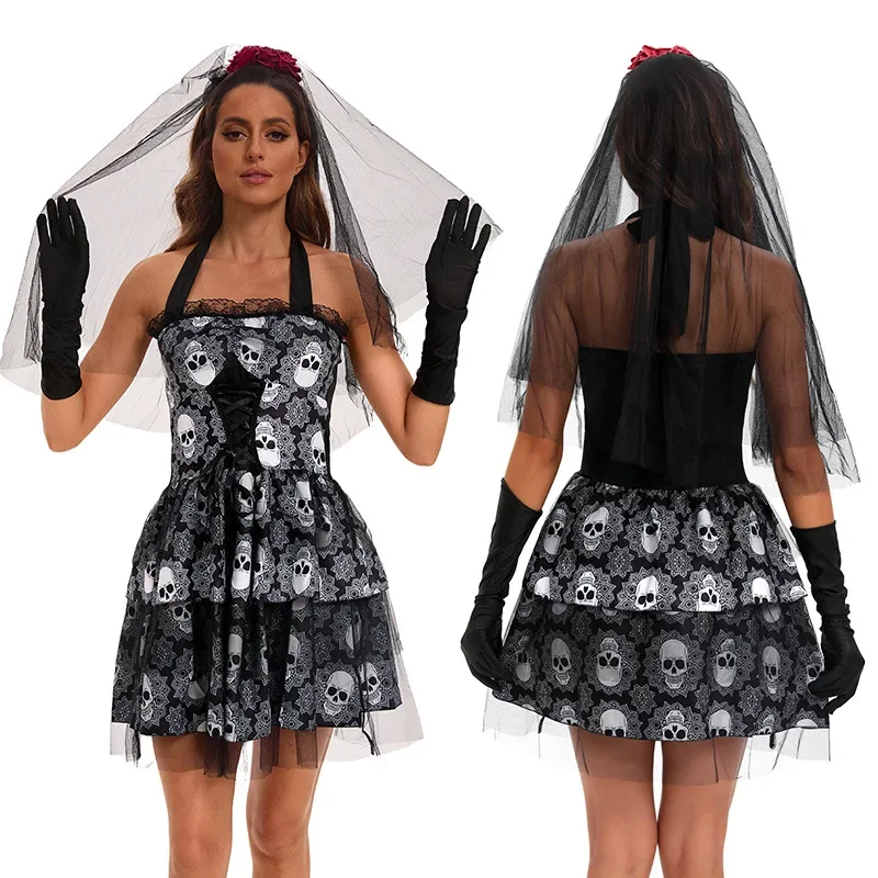 

COS Skull Skirt Costume Women's Halloween Costume Neck Sling Skull Print Dress Horror Ghost Bride Cosplay Costume