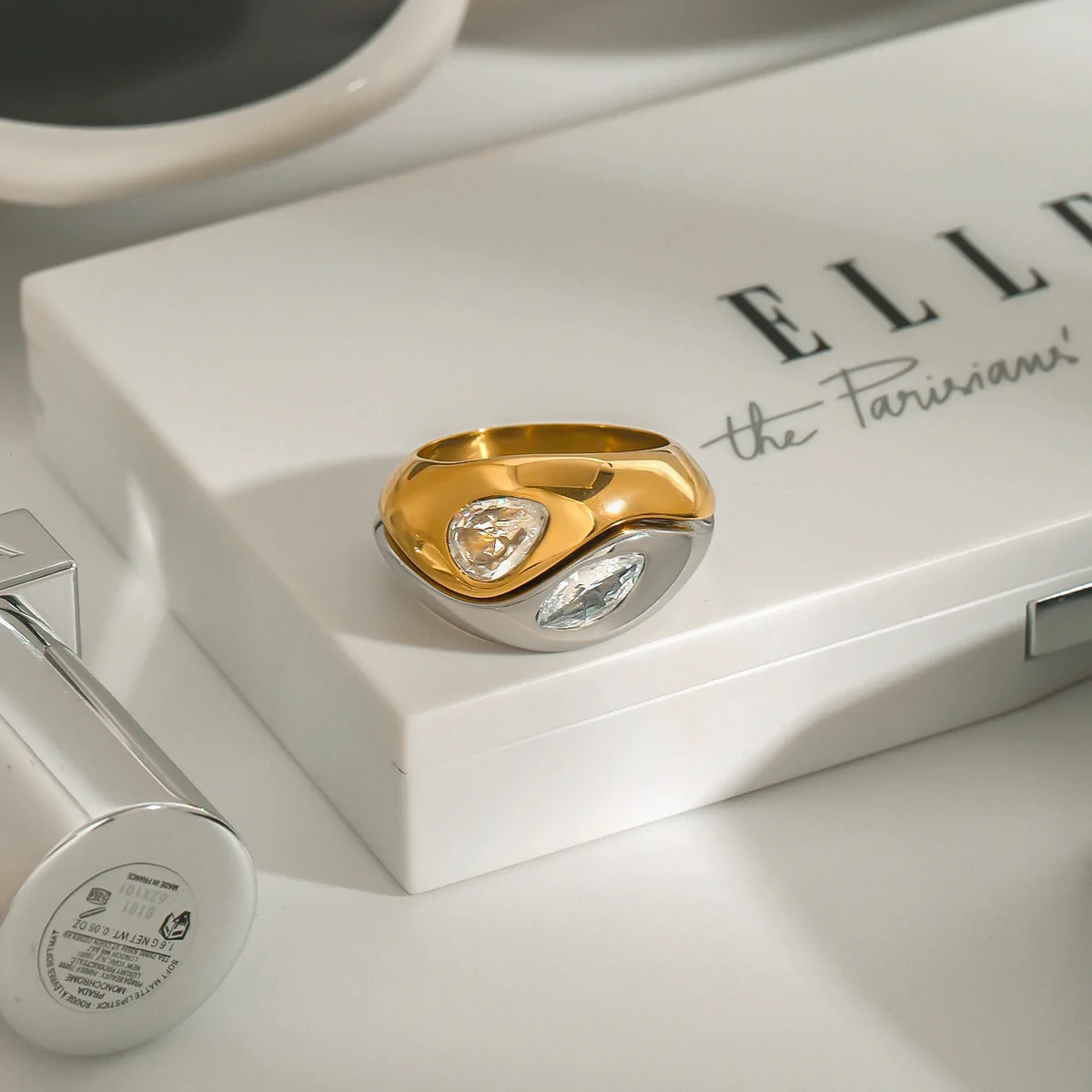 Damen-Doppelschicht-Ring-Set, Edelstahl, weißer Zirkon, zweifarbig, schlichter, stilvoller Schmuck für den täglichen Gebrauch