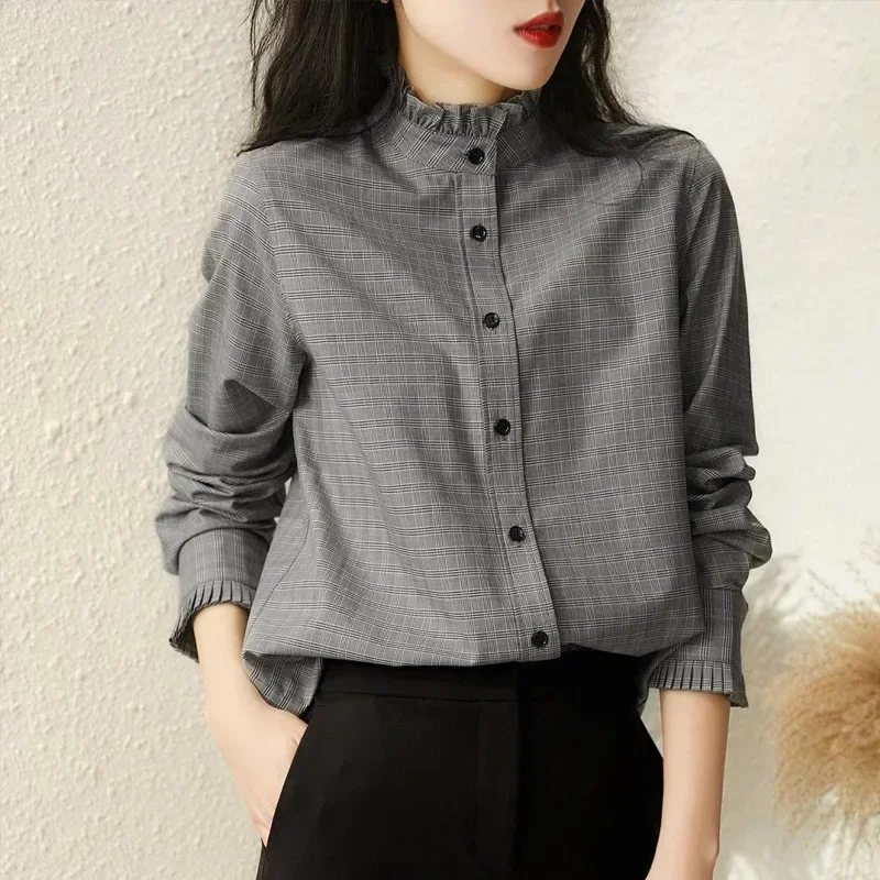 

Винтажная женская блузка в гонконгском стиле с воротником-стойкой, однобортная, в клетку, с длинным рукавом, модная, универсальная, для офиса, 2023