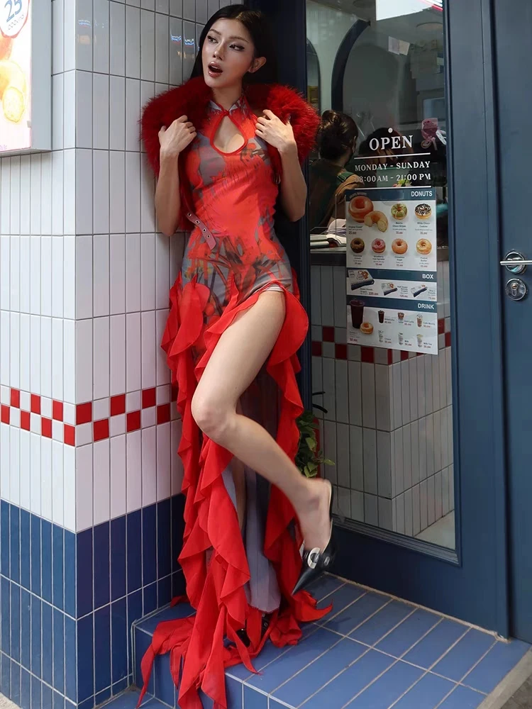 RORORIRI Y2k imprimé découpé rouge licou Cheongsam femmes épaules dénudées dos nu à volants fente Maxi robe longue Sexy vêtements néo-chinois