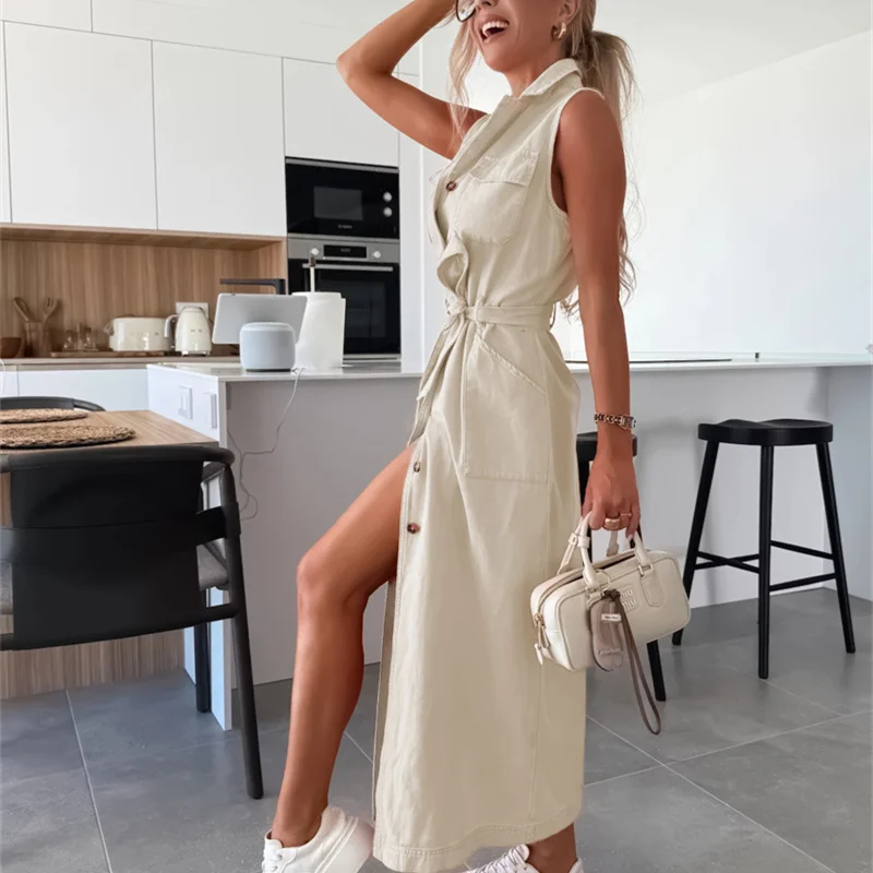 فستان دينم واحد الصدر مكون من 11 لونًا موضة جديدة لعام 2025 فستان نسائي صيفي ربيعي بدون أكمام وشاحات رفيعة من جان ماكسي ملابس خروج