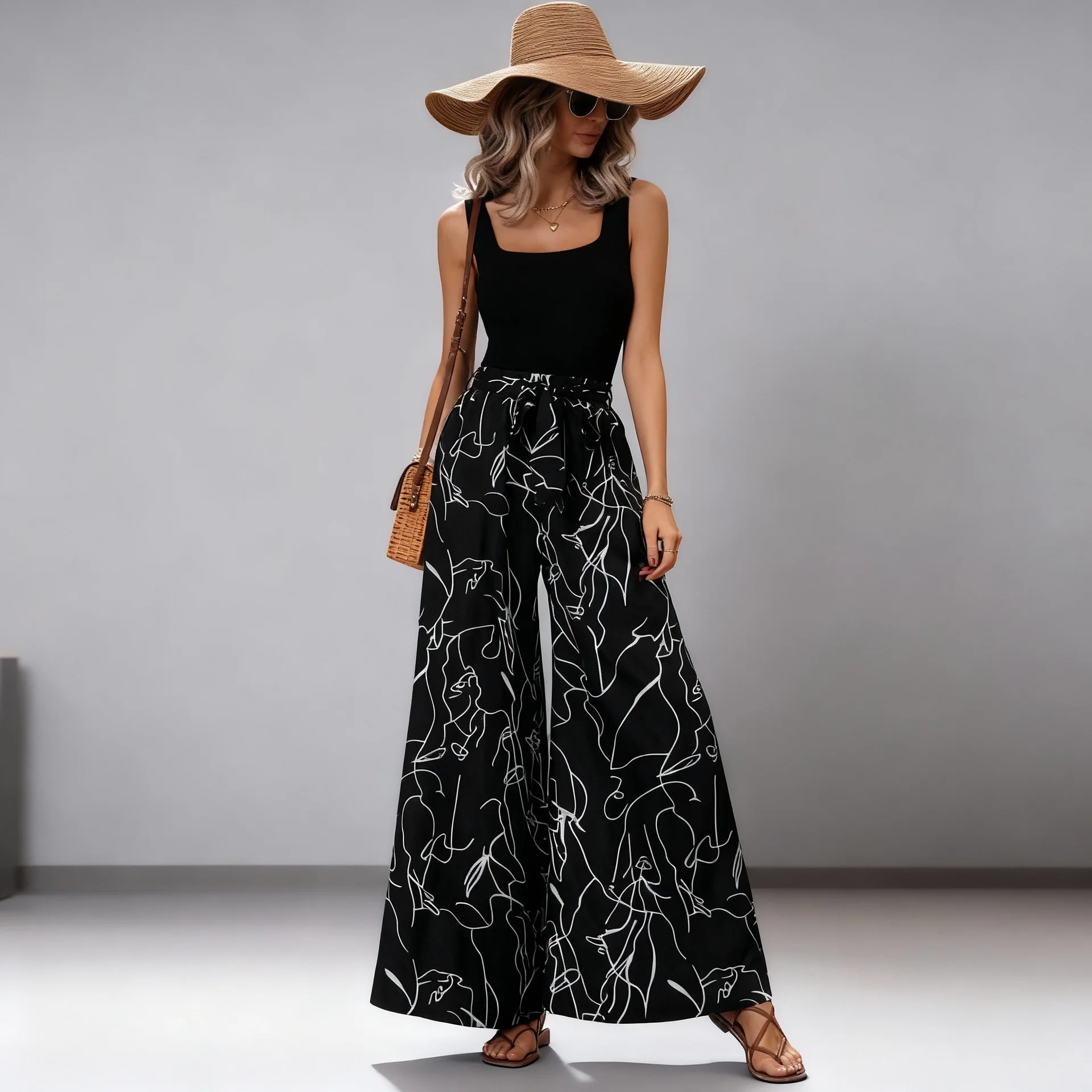 

2026 Loose Women's Vest Trousers Two-piece Off-Shoulder Wide Leg Comfortable Summer Suit