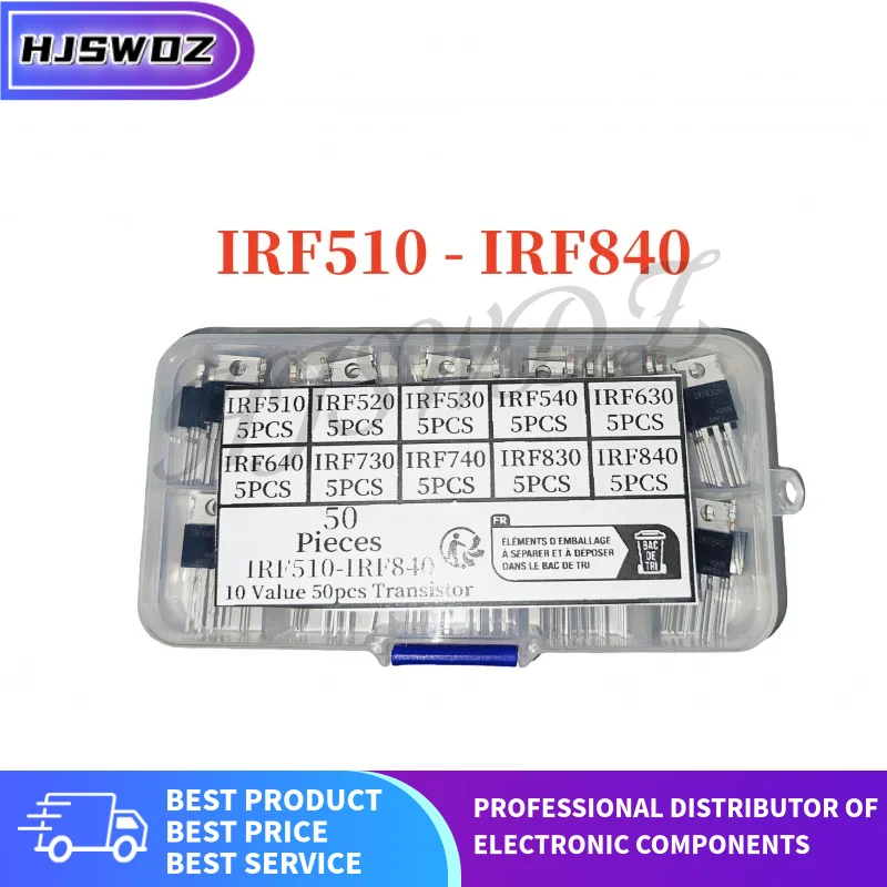 50Pcs/Box 10 Values Transistor Kit Set IRF510 IRF530 IRF520 IRF540 IRF630 IRF640 IRF730 IRF740 IRF830 IRF840 TO-220