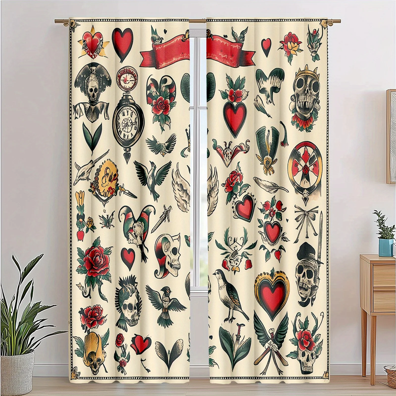 Tattoo Style Curtains Skull Hearts Roses Art Print Window Drapes Vintage Boho Home Decor Living Room Bedroom Retro Design
