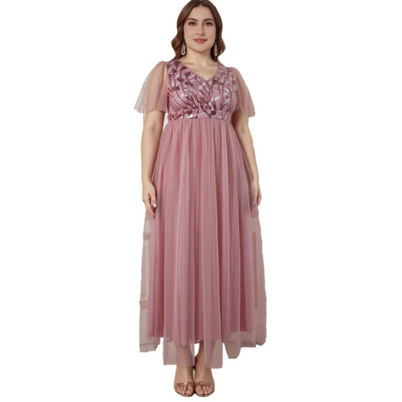 

Elegant V-neck Sequined Long Formal Evening Dress With Short Sleeves Pink